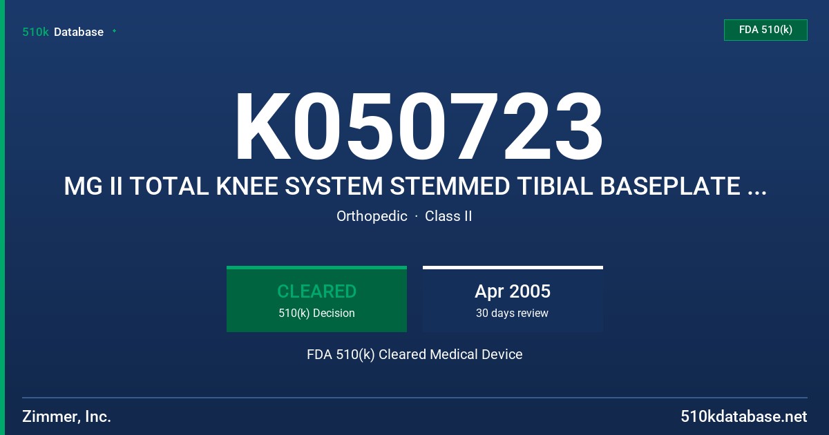 K050723 MG II TOTAL KNEE SYSTEM STEMMED TIBIAL BASEPLATE COMPONENTS FDA 510(k) Cleared Medical Device