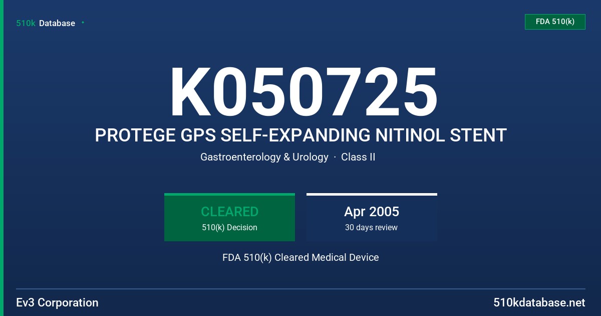 K050725 PROTEGE GPS SELF-EXPANDING NITINOL STENT FDA 510(k) Cleared Medical Device