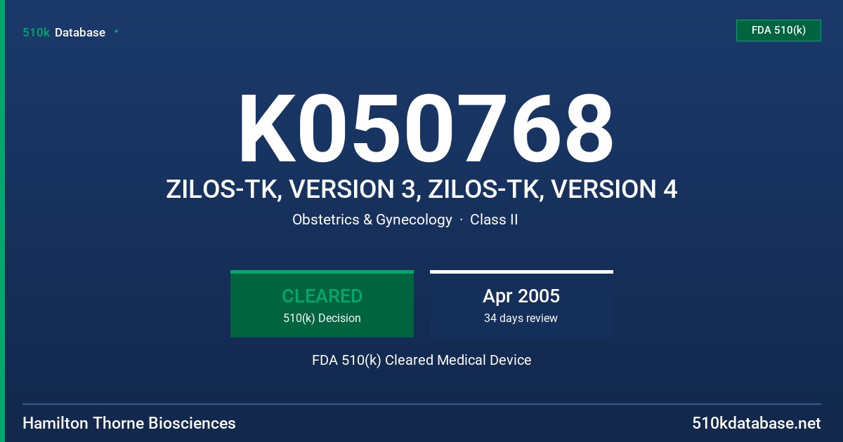 K050768 ZILOS-TK, VERSION 3, ZILOS-TK, VERSION 4 FDA 510(k) Cleared Medical Device