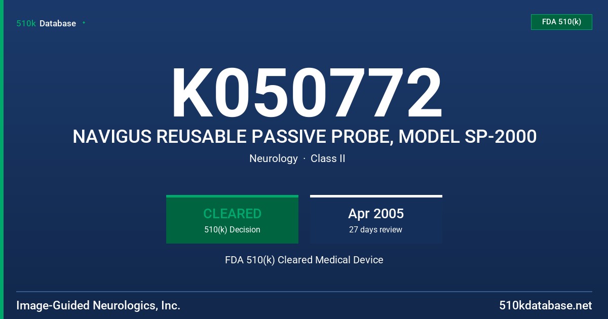 K050772 NAVIGUS REUSABLE PASSIVE PROBE, MODEL SP-2000 FDA 510(k) Cleared Medical Device