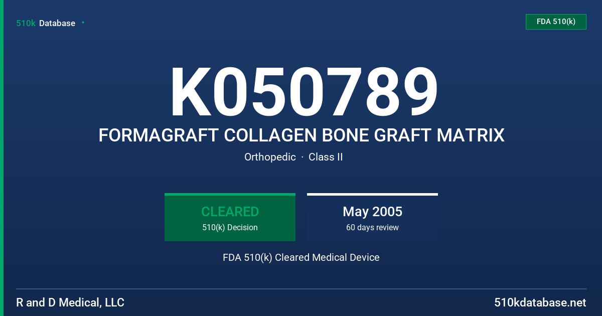 K050789 FORMAGRAFT COLLAGEN BONE GRAFT MATRIX FDA 510(k) Cleared Medical Device