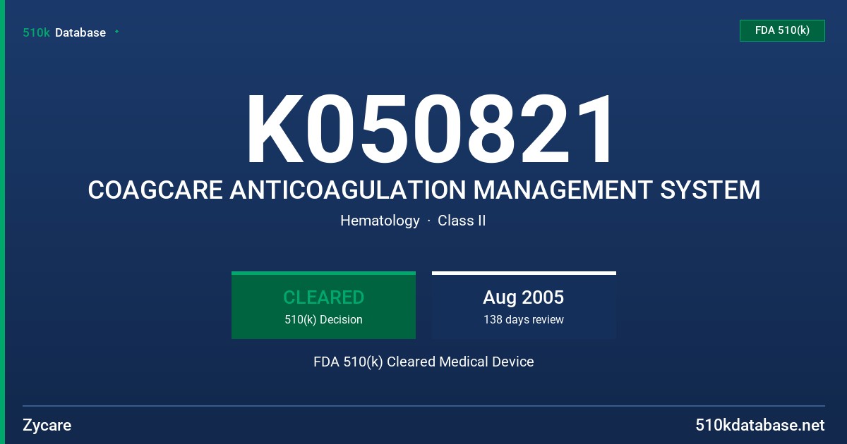 K050821 COAGCARE ANTICOAGULATION MANAGEMENT SYSTEM FDA 510(k) Cleared Medical Device