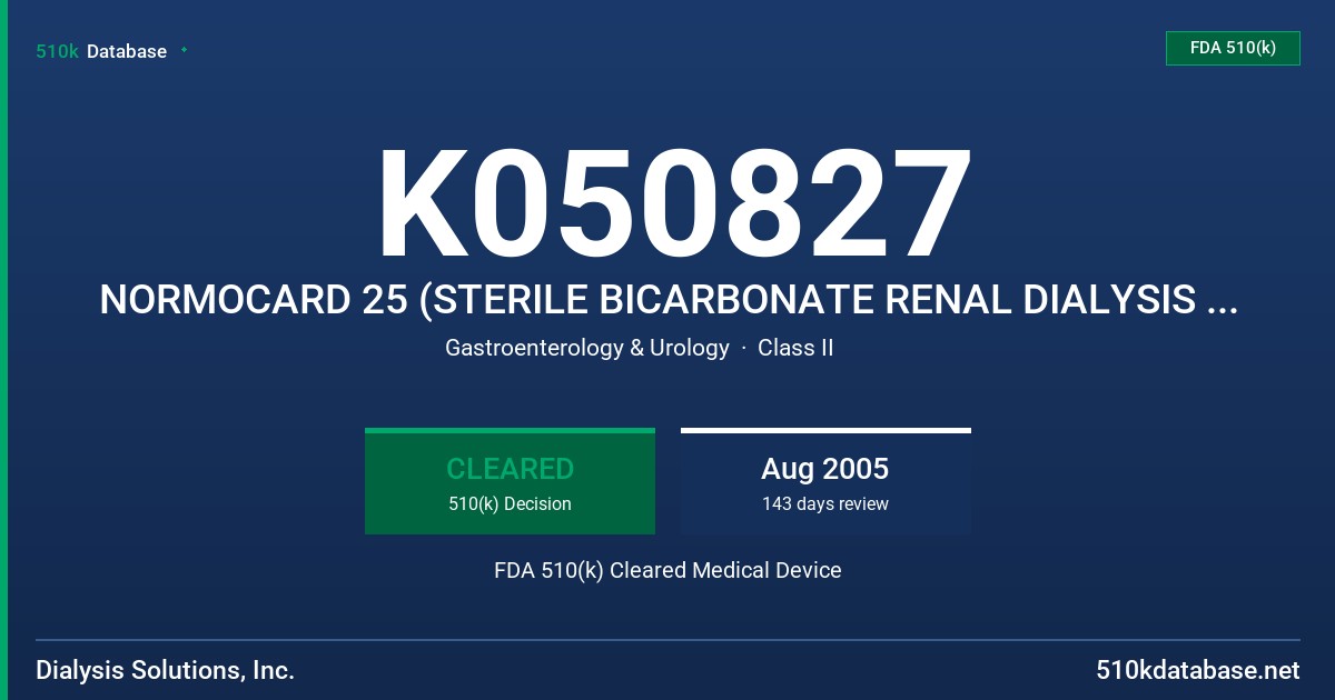 K050827 NORMOCARD 25 (STERILE BICARBONATE RENAL DIALYSIS CONCENTRATE) FDA 510(k) Cleared Medical Device