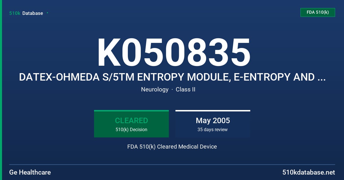 K050835 DATEX-OHMEDA S/5TM ENTROPY MODULE, E-ENTROPY AND ACCESSORIES FDA 510(k) Cleared Medical Device