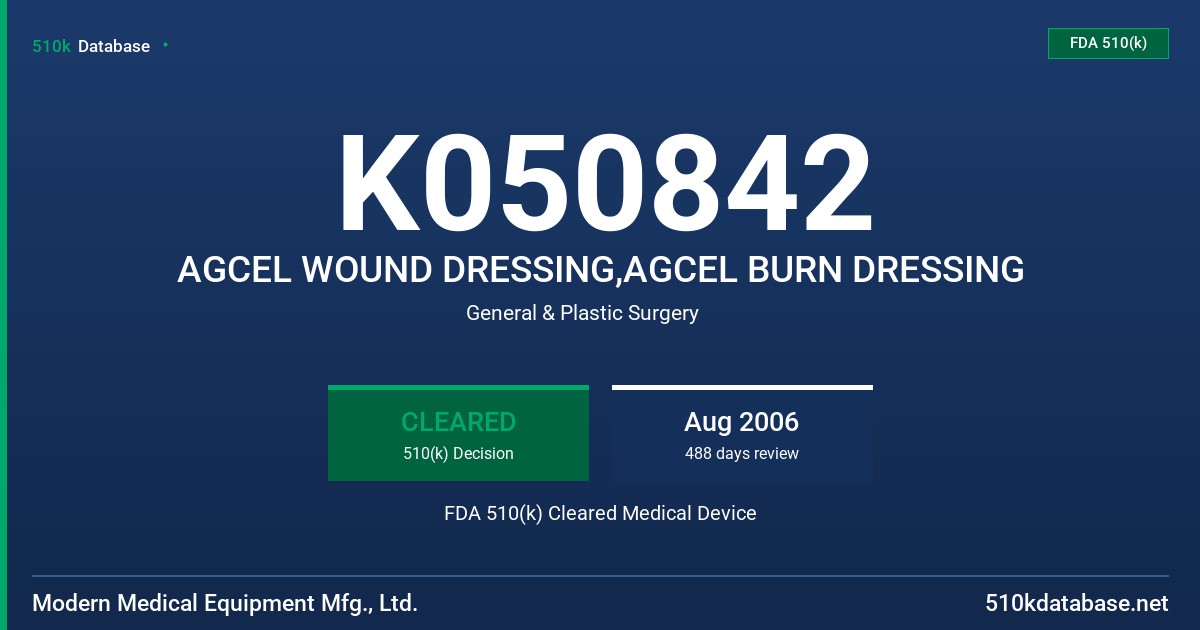K050842 AGCEL WOUND DRESSING,AGCEL BURN DRESSING FDA 510(k) Cleared Medical Device