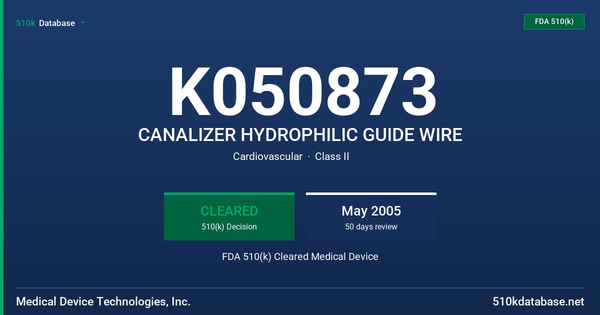 K050873 CANALIZER HYDROPHILIC GUIDE WIRE FDA 510(k) Cleared Medical Device