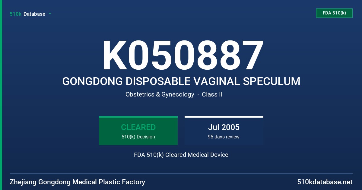 K050887 GONGDONG DISPOSABLE VAGINAL SPECULUM FDA 510(k) Cleared Medical Device