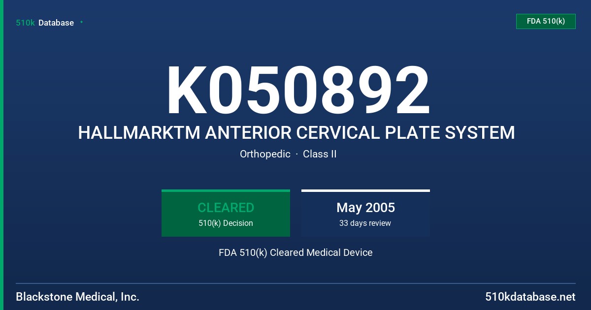 K050892 HALLMARKTM ANTERIOR CERVICAL PLATE SYSTEM FDA 510(k) Cleared Medical Device