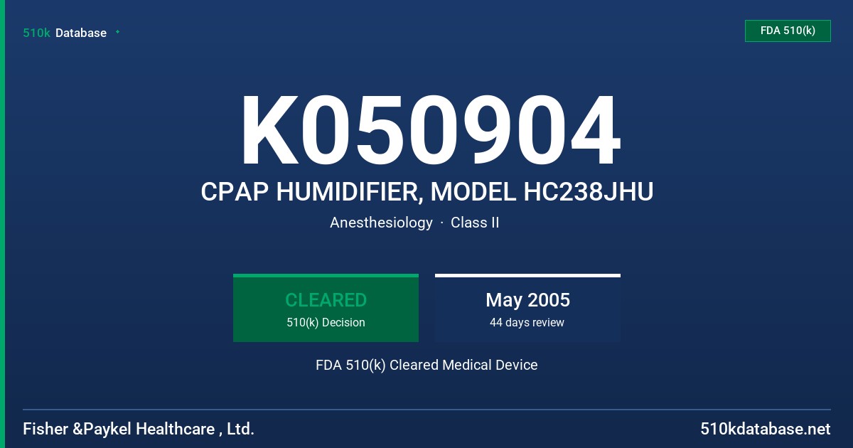 K050904 CPAP HUMIDIFIER, MODEL HC238JHU FDA 510(k) Cleared Medical Device