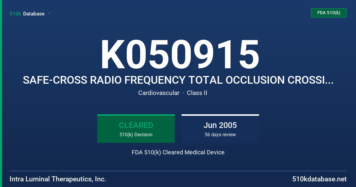 K050915 SAFE-CROSS RADIO FREQUENCY TOTAL OCCLUSION CROSSING SYSTEM [CORONARY] FDA 510(k) Cleared Medical Device