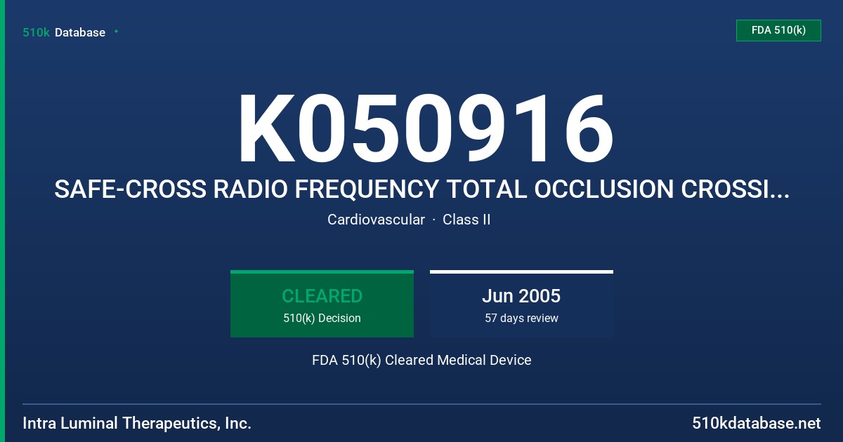 K050916 SAFE-CROSS RADIO FREQUENCY TOTAL OCCLUSION CROSSING SYSTEM [PERIPHERAL] FDA 510(k) Cleared Medical Device