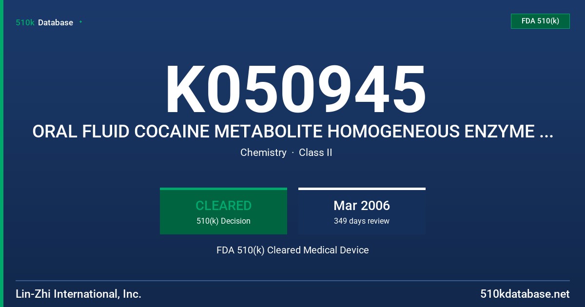 K050945 ORAL FLUID COCAINE METABOLITE HOMOGENEOUS ENZYME IMMUNOASSAYS, CALIBRATORS & CONTROLS FDA 510(k) Cleared Medical Device