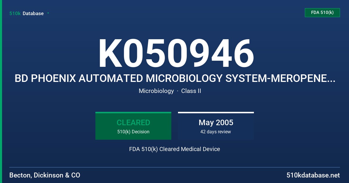 K050946 BD PHOENIX AUTOMATED MICROBIOLOGY SYSTEM-MEROPENEM (STREP) 0.03125-2 UG/ML FDA 510(k) Cleared Medical Device