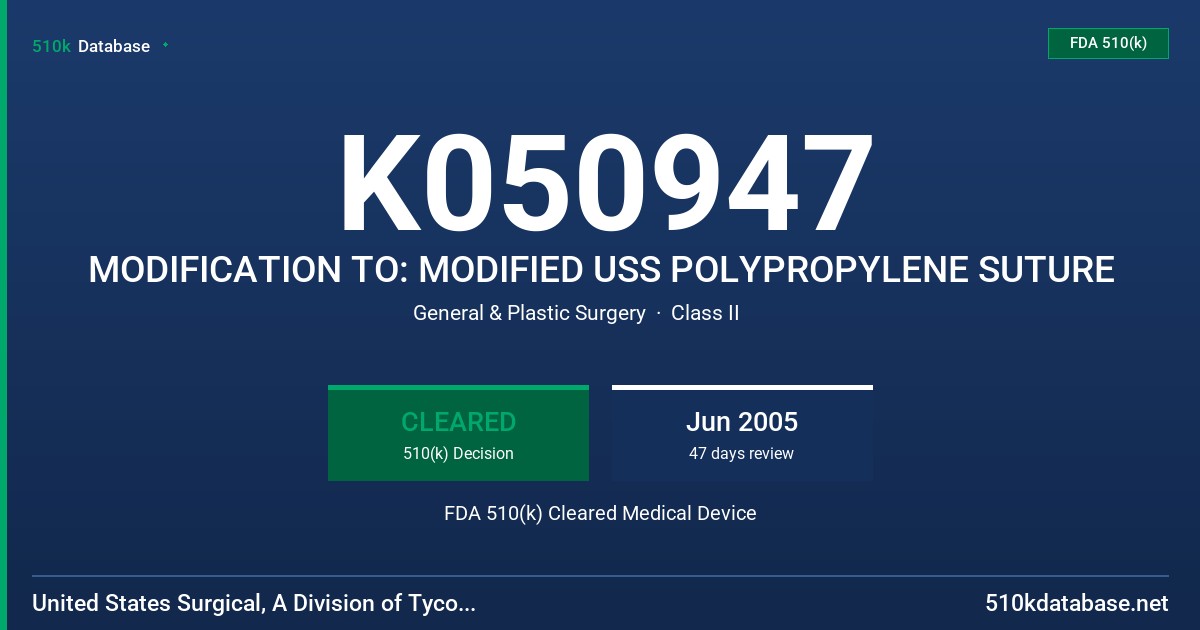 K050947 MODIFICATION TO: MODIFIED USS POLYPROPYLENE SUTURE FDA 510(k) Cleared Medical Device