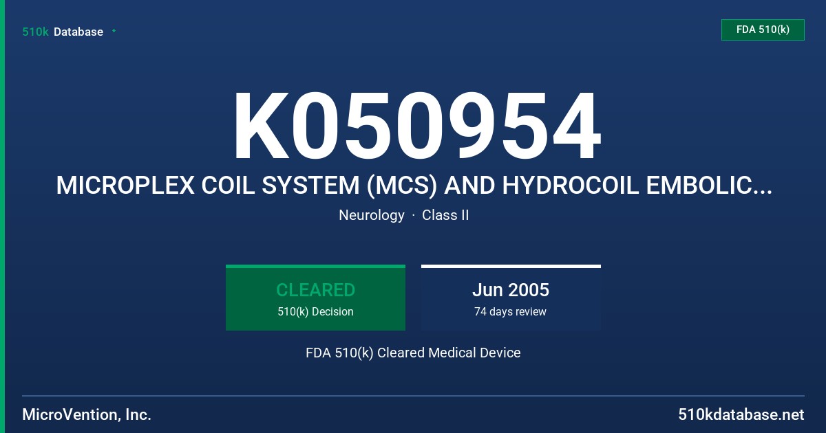 K050954 MICROPLEX COIL SYSTEM (MCS) AND HYDROCOIL EMBOLIC SYSTEM (HES) FDA 510(k) Cleared Medical Device