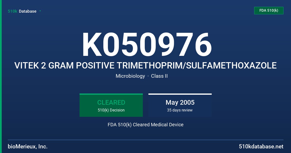 K050976 VITEK 2 GRAM POSITIVE TRIMETHOPRIM/SULFAMETHOXAZOLE FDA 510(k) Cleared Medical Device