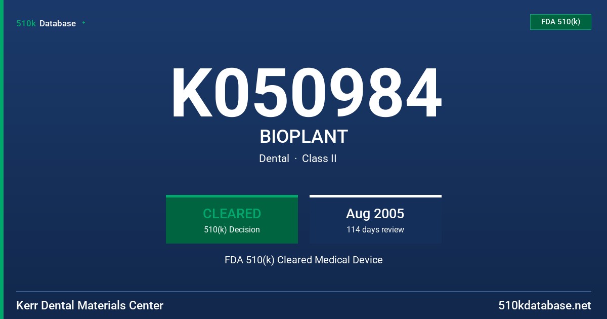 K050984 BIOPLANT FDA 510(k) Cleared Medical Device