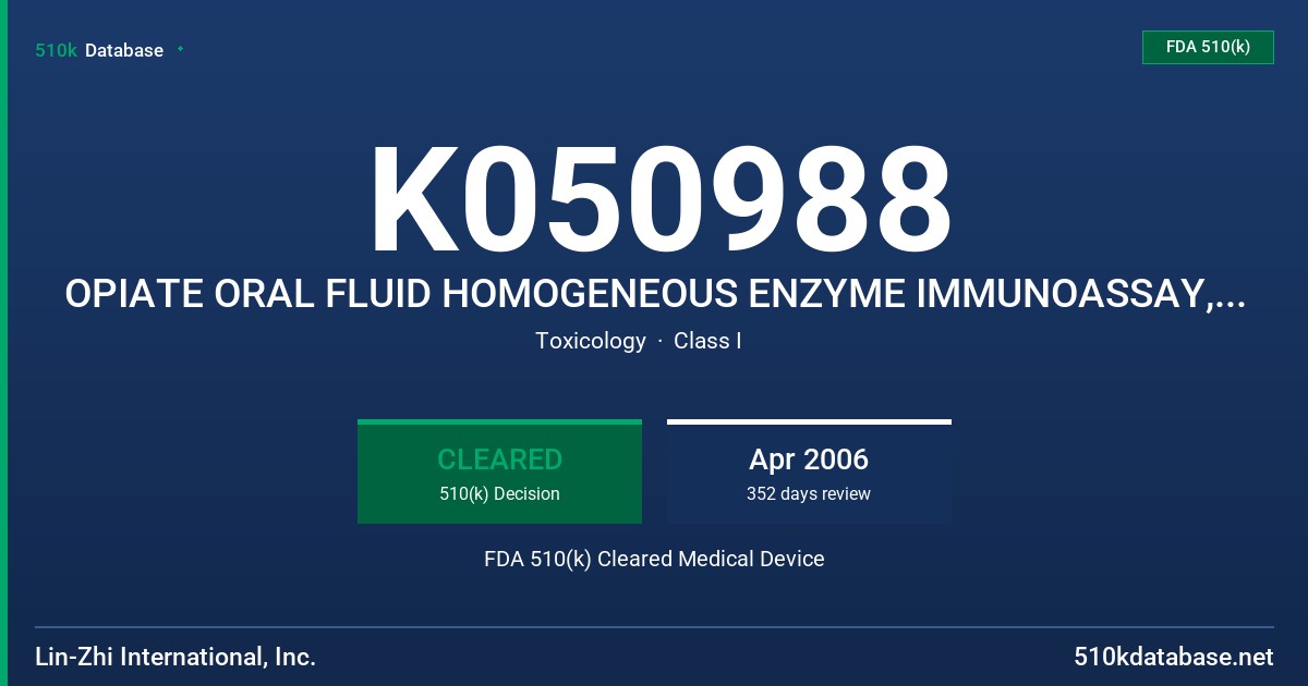 K050988 OPIATE ORAL FLUID HOMOGENEOUS ENZYME IMMUNOASSAY, CALIBRATORS AND CONTROLS FDA 510(k) Cleared Medical Device