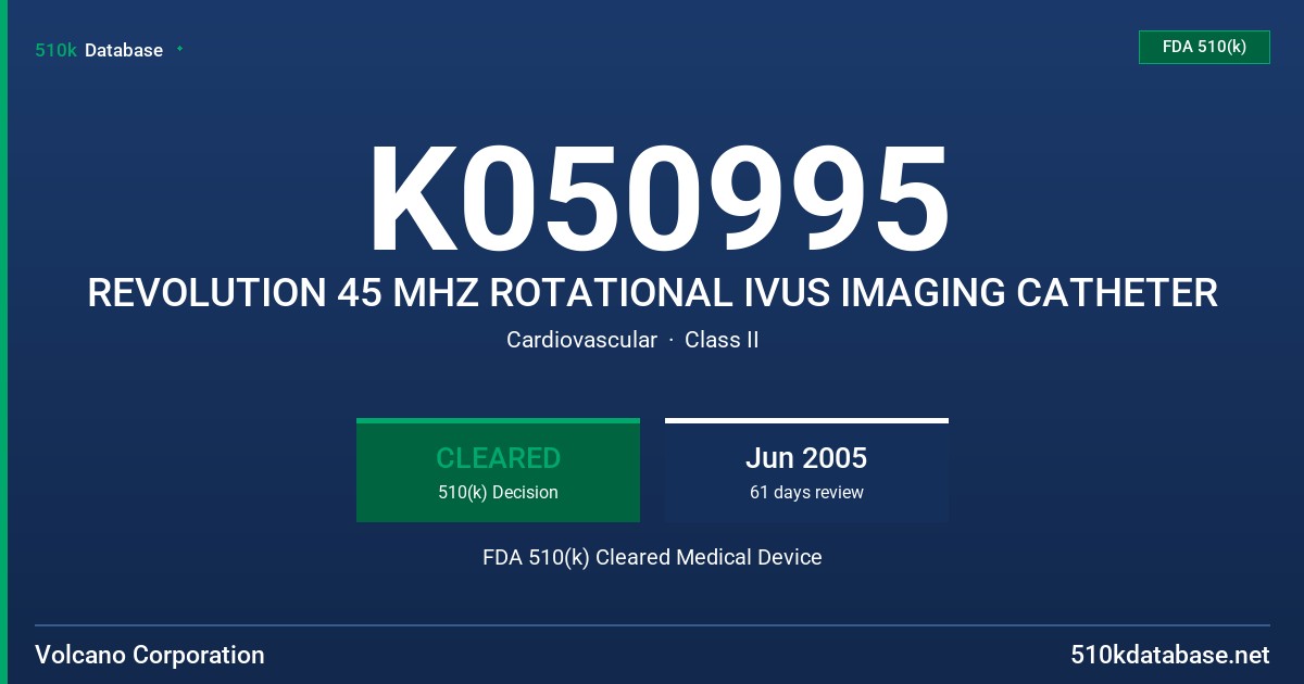 K050995 REVOLUTION 45 MHZ ROTATIONAL IVUS IMAGING CATHETER FDA 510(k) Cleared Medical Device