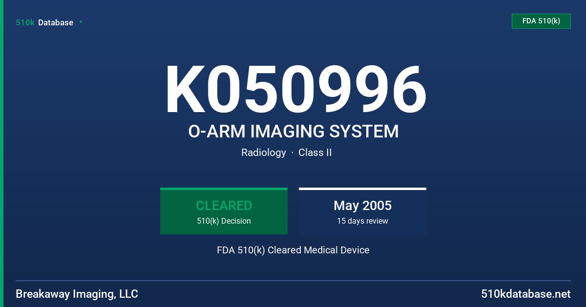 K050996 O-ARM IMAGING SYSTEM FDA 510(k) Cleared Medical Device
