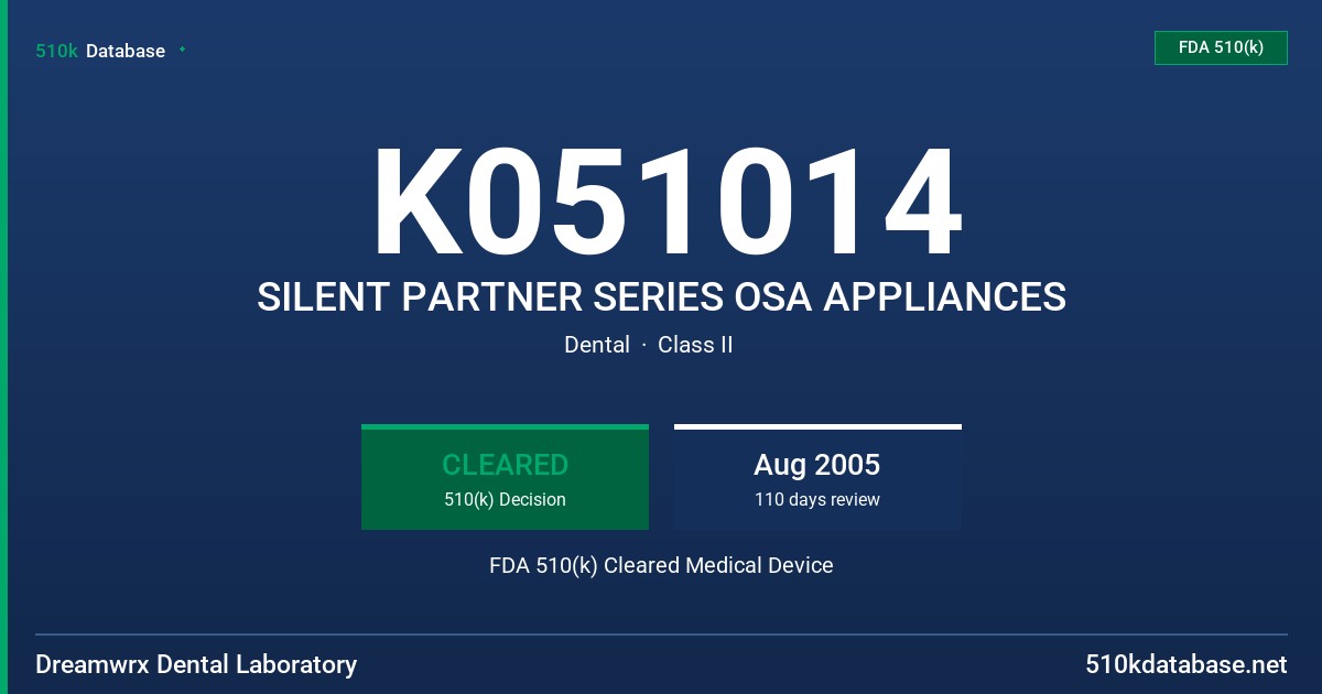 K051014 SILENT PARTNER SERIES OSA APPLIANCES FDA 510(k) Cleared Medical Device