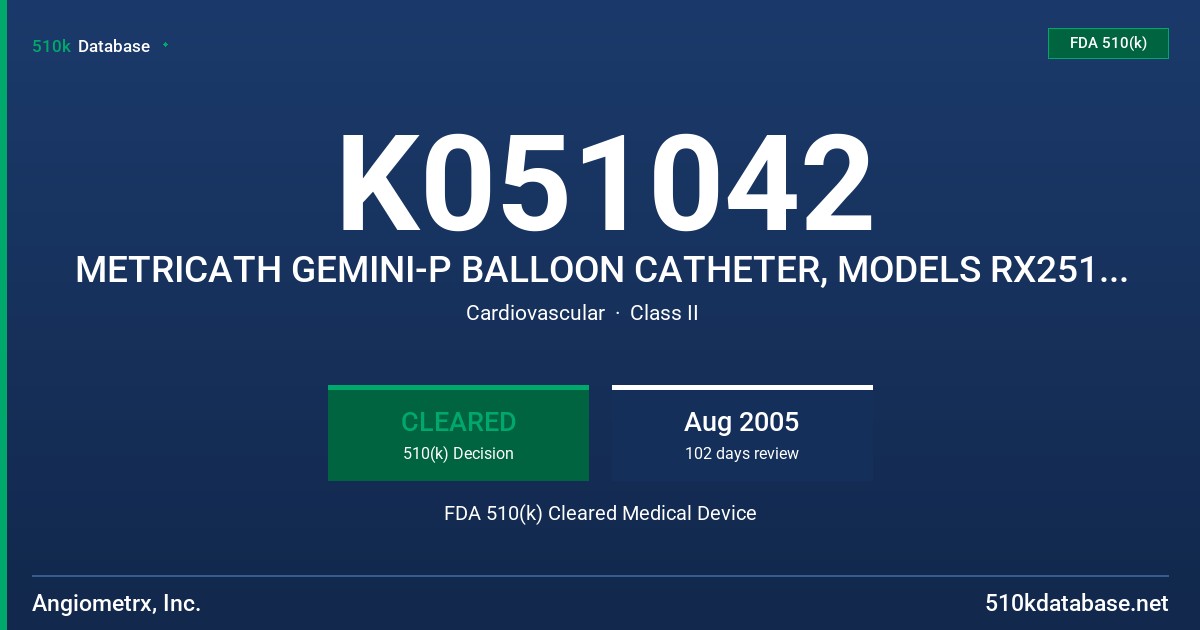 K051042 METRICATH GEMINI-P BALLOON CATHETER, MODELS RX2515S-P, RX3015S-P, RX3515S-P, RX4015S-P, METRICATH CONSOLE, MODEL 1000 FDA 510(k) Cleared Medical Device