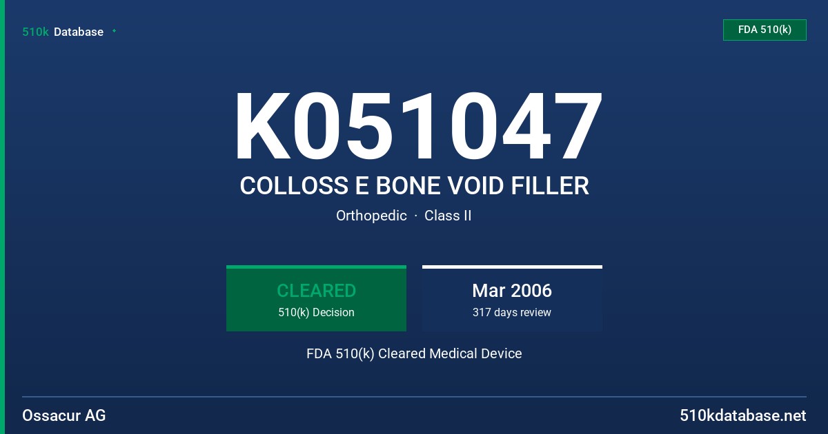 K051047 COLLOSS E BONE VOID FILLER FDA 510(k) Cleared Medical Device