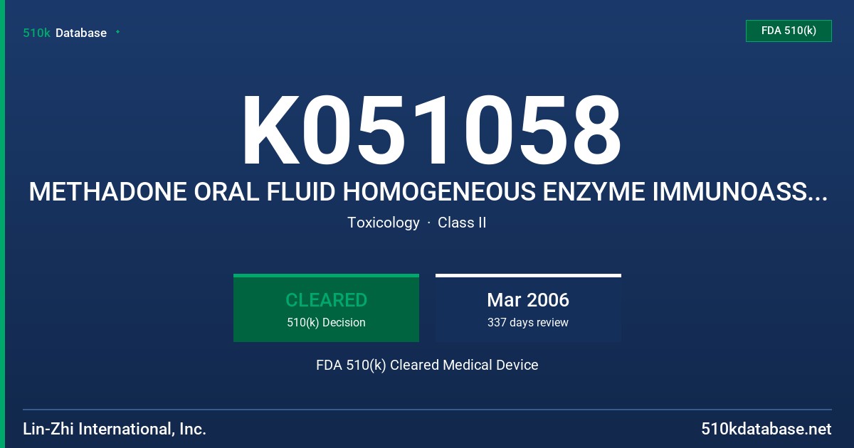 K051058 METHADONE ORAL FLUID HOMOGENEOUS ENZYME IMMUNOASSAY, CALIBRATORS AND CONTROLS FDA 510(k) Cleared Medical Device