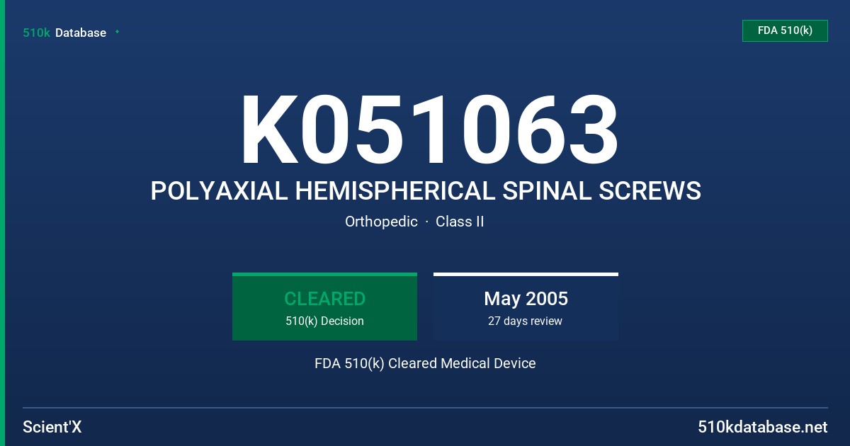 K051063 POLYAXIAL HEMISPHERICAL SPINAL SCREWS FDA 510(k) Cleared Medical Device
