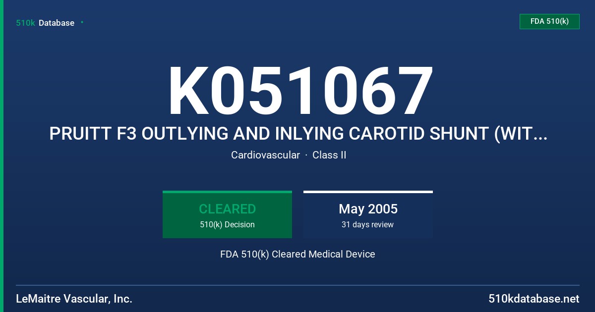 K051067 PRUITT F3 OUTLYING AND INLYING CAROTID SHUNT (WITH AND WITHOUT T-PORT) FDA 510(k) Cleared Medical Device