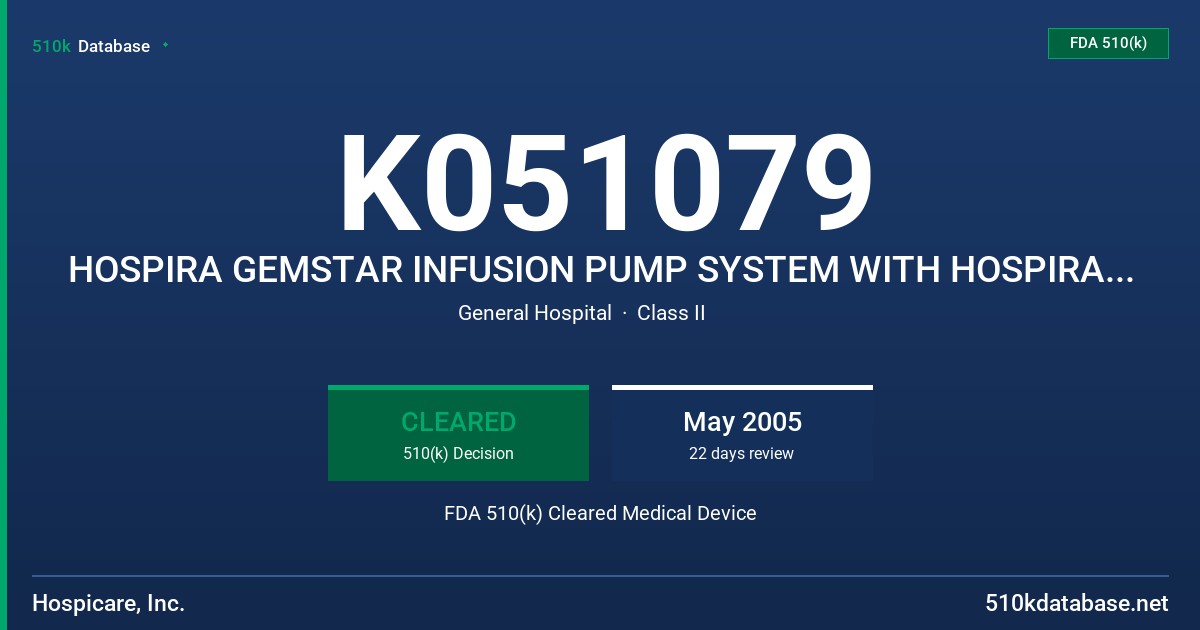 K051079 HOSPIRA GEMSTAR INFUSION PUMP SYSTEM WITH HOSPIRA GEMSTAR SPRING ASSIST MECHANISM LOCKBOX-7 THERAPY FDA 510(k) Cleared Medical Device