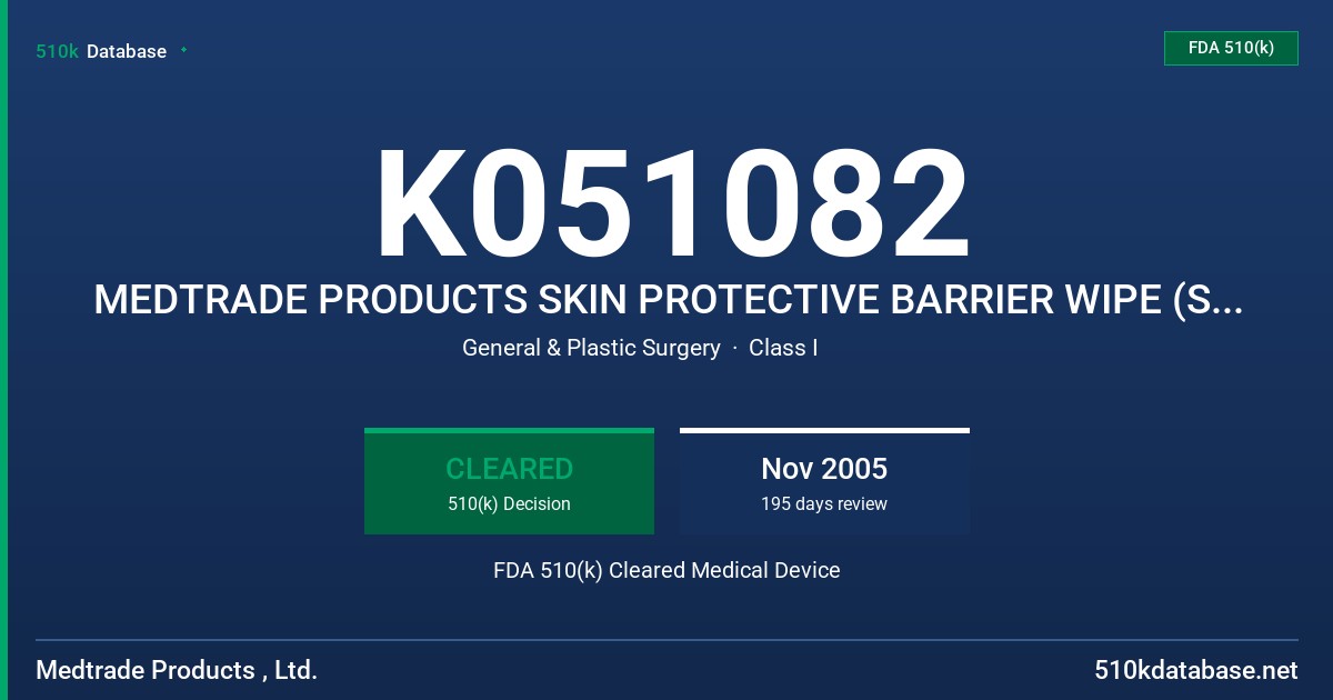 K051082 MEDTRADE PRODUCTS SKIN PROTECTIVE BARRIER WIPE (STERILE AND PRESERVED) FDA 510(k) Cleared Medical Device