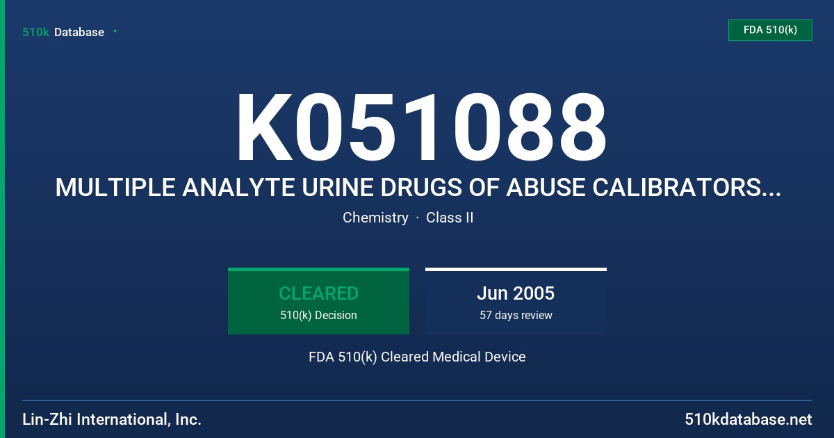 K051088 MULTIPLE ANALYTE URINE DRUGS OF ABUSE CALIBRATORS AND CONTROLS FDA 510(k) Cleared Medical Device