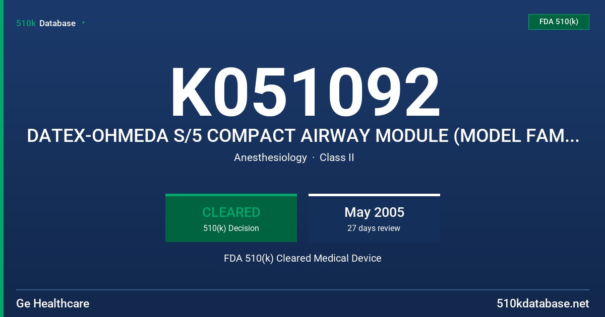 K051092 DATEX-OHMEDA S/5 COMPACT AIRWAY MODULE (MODEL FAMILY E-CAIOVX) E-CAIOVX, E-CAIOV, E-CAIO, E-COVX, E-COV, E-CO & ACCESACC FDA 510(k) Cleared Medical Device