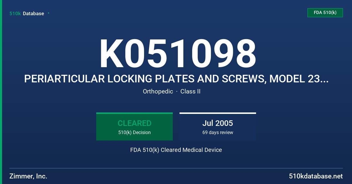 K051098 PERIARTICULAR LOCKING PLATES AND SCREWS, MODEL 2358 SERIES FDA 510(k) Cleared Medical Device