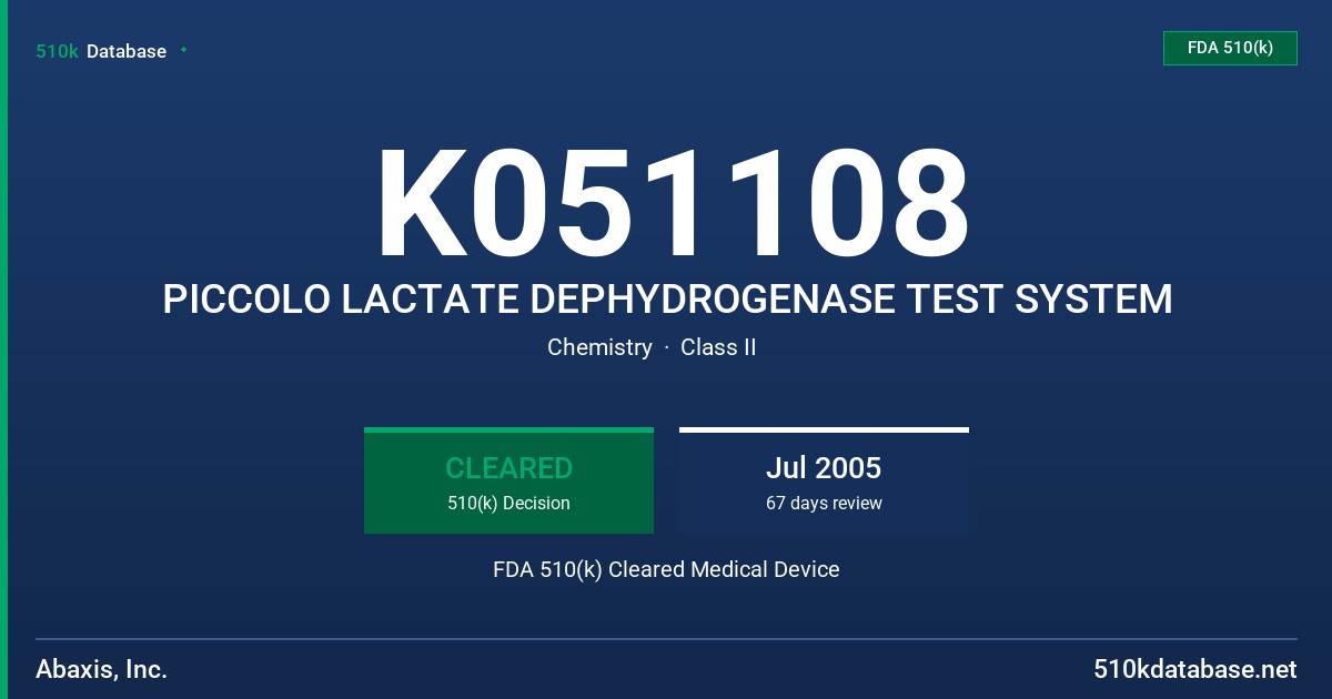 K051108 PICCOLO LACTATE DEPHYDROGENASE TEST SYSTEM FDA 510(k) Cleared Medical Device