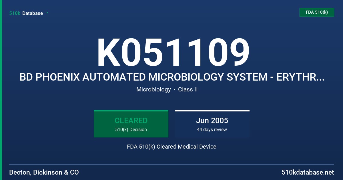 K051109 BD PHOENIX AUTOMATED MICROBIOLOGY SYSTEM - ERYTHROMYCIN (STREP) 0.0156 - 4UG/ML FDA 510(k) Cleared Medical Device