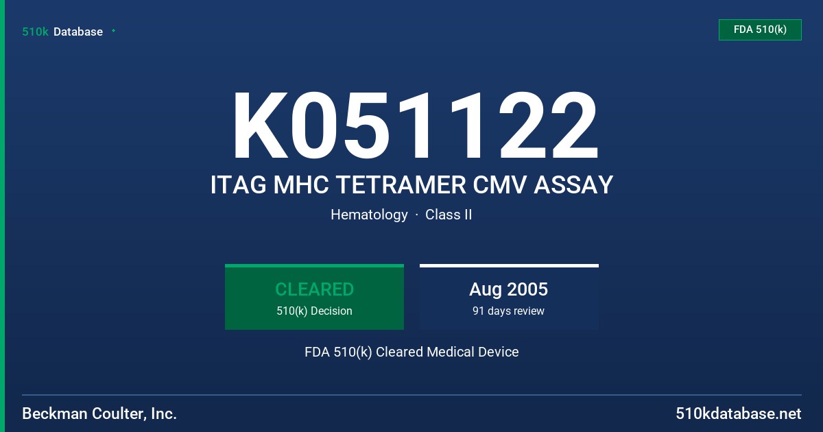 K051122 ITAG MHC TETRAMER CMV ASSAY FDA 510(k) Cleared Medical Device