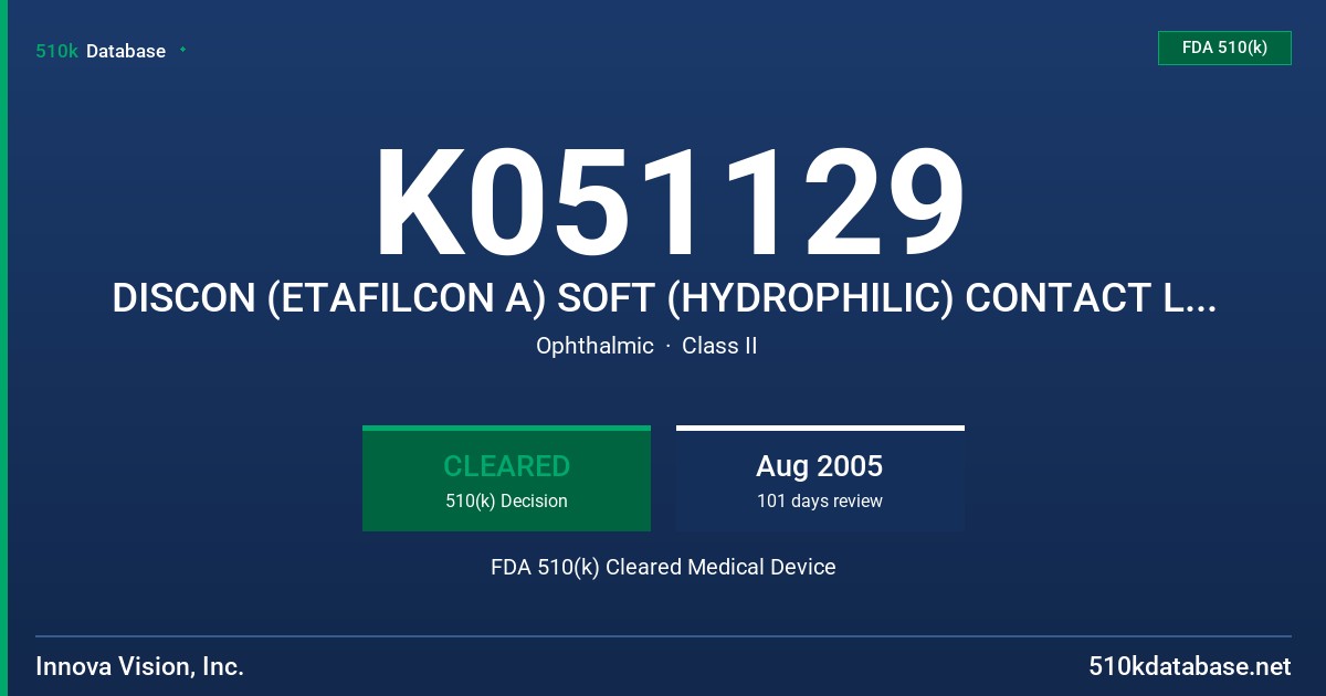 K051129 DISCON (ETAFILCON A) SOFT (HYDROPHILIC) CONTACT LENS FOR DAILY WEAR FDA 510(k) Cleared Medical Device