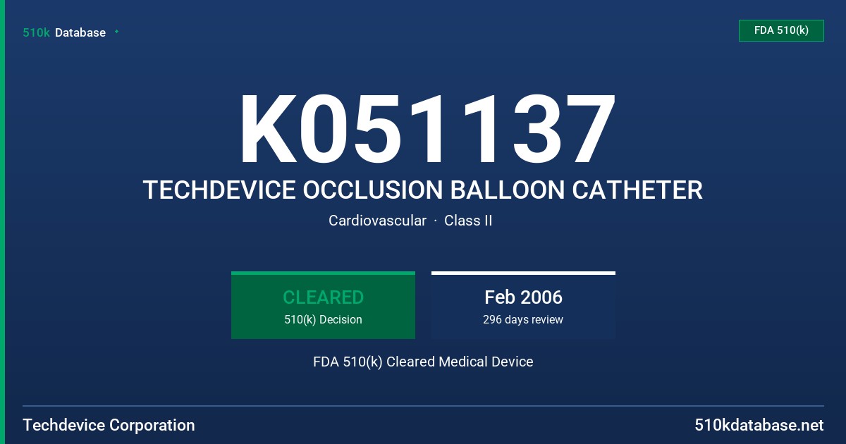 K051137 TECHDEVICE OCCLUSION BALLOON CATHETER FDA 510(k) Cleared Medical Device
