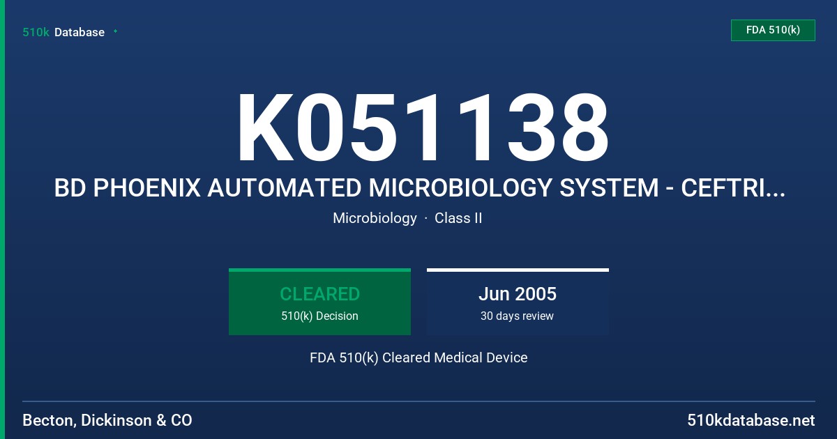 K051138 BD PHOENIX AUTOMATED MICROBIOLOGY SYSTEM - CEFTRIAXONE (STREP) 0.0625 - 4UG/ML FDA 510(k) Cleared Medical Device