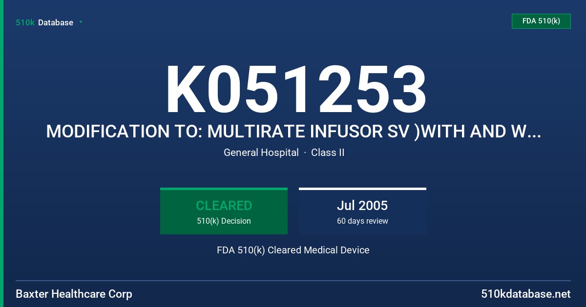 K051253 MODIFICATION TO: MULTIRATE INFUSOR SV )WITH AND WITHOUT PCM), MULTIRATE INFUSOR LV (WITH AND WITHOUT PCM) FDA 510(k) Cleared Medical Device