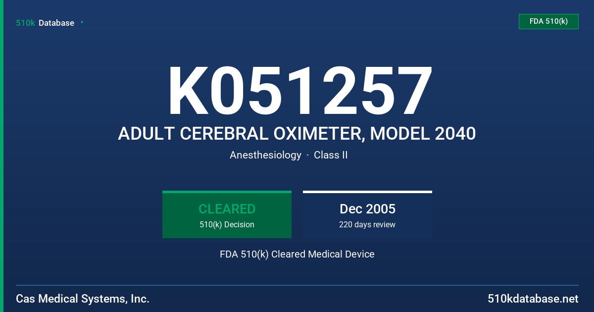 K051257 ADULT CEREBRAL OXIMETER, MODEL 2040 FDA 510(k) Cleared Medical Device
