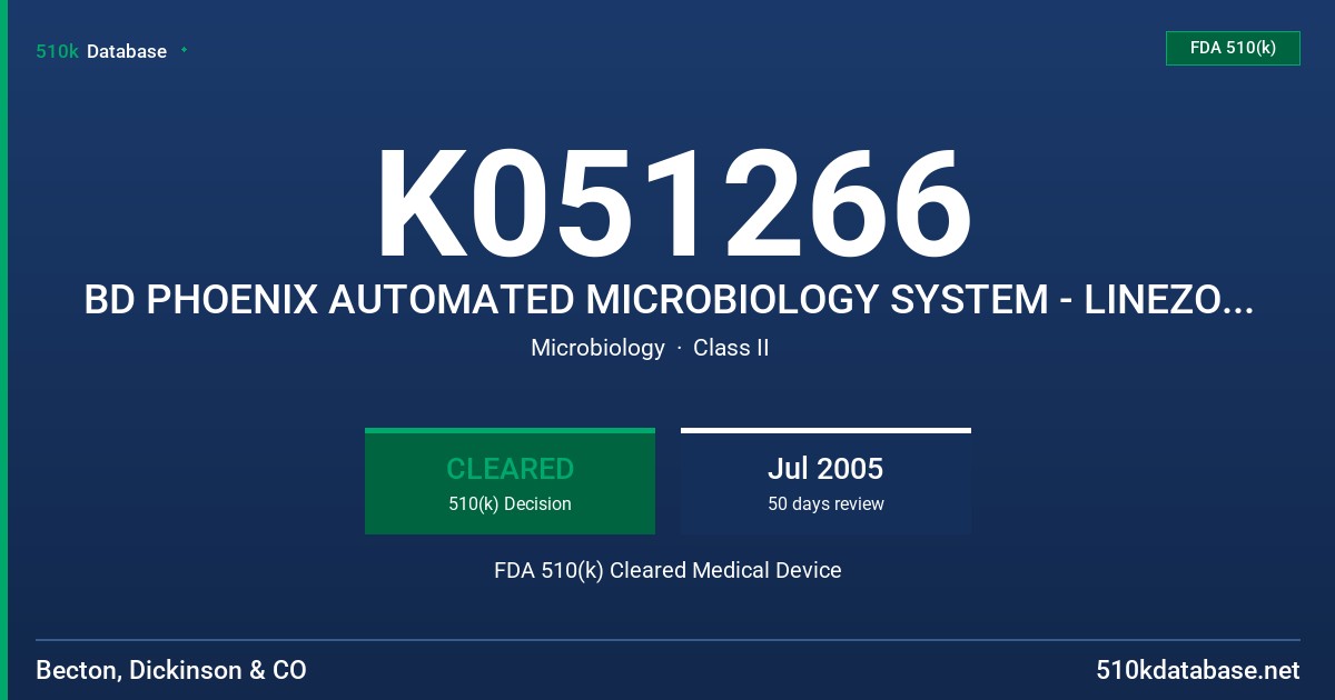 K051266 BD PHOENIX AUTOMATED MICROBIOLOGY SYSTEM - LINEZOLID (STREP) 0.25 - 16UG/ML FDA 510(k) Cleared Medical Device