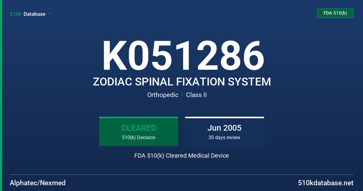 K051286 ZODIAC SPINAL FIXATION SYSTEM FDA 510(k) Cleared Medical Device