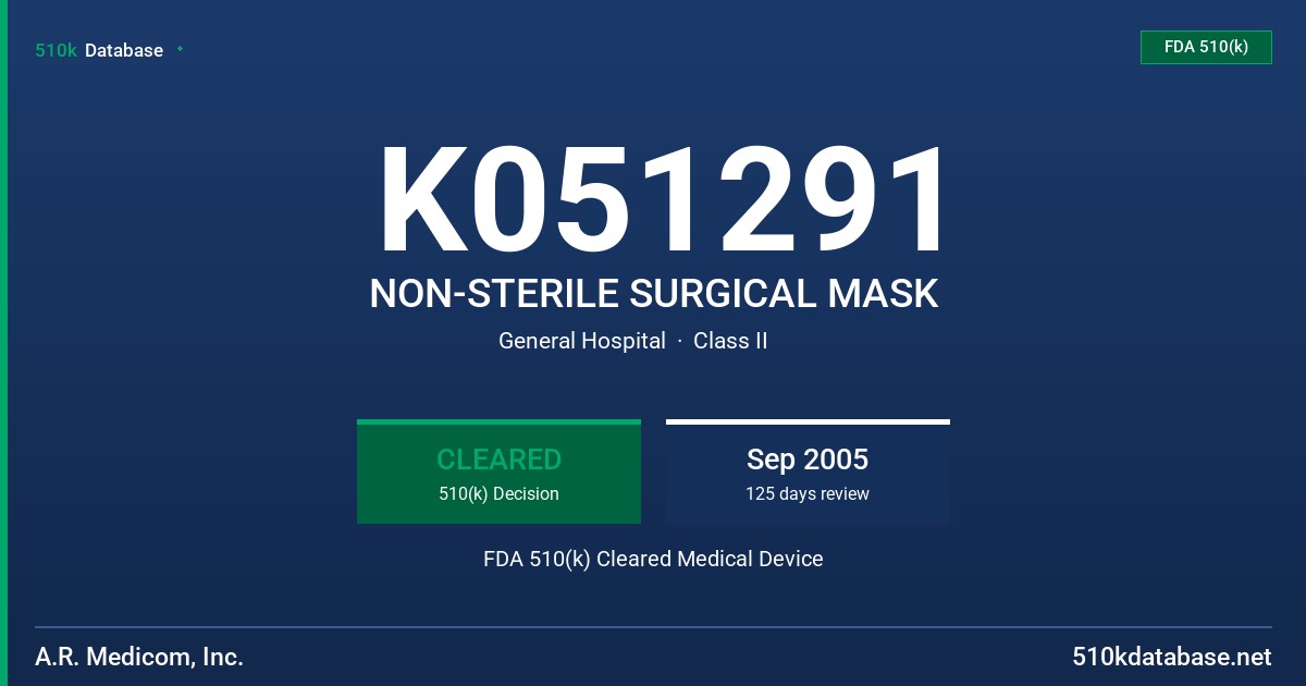 K051291 NON-STERILE SURGICAL MASK FDA 510(k) Cleared Medical Device