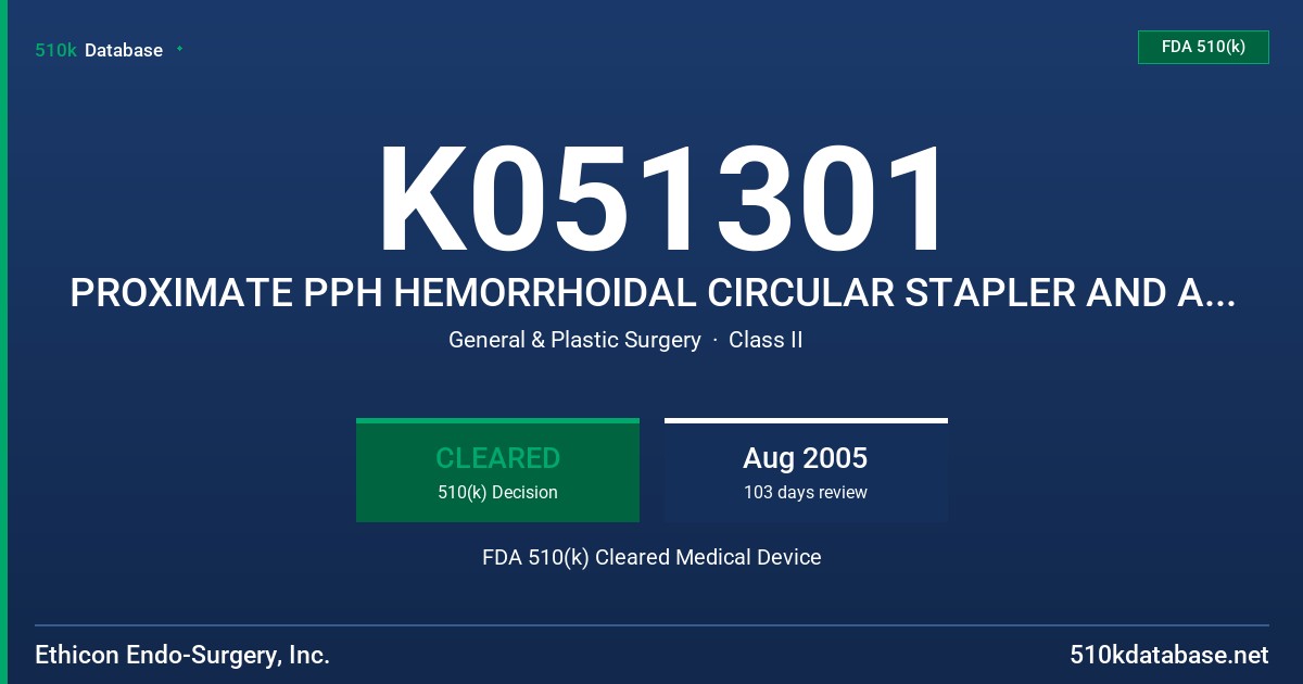 K051301 PROXIMATE PPH HEMORRHOIDAL CIRCULAR STAPLER AND ACCESSORIES FDA 510(k) Cleared Medical Device