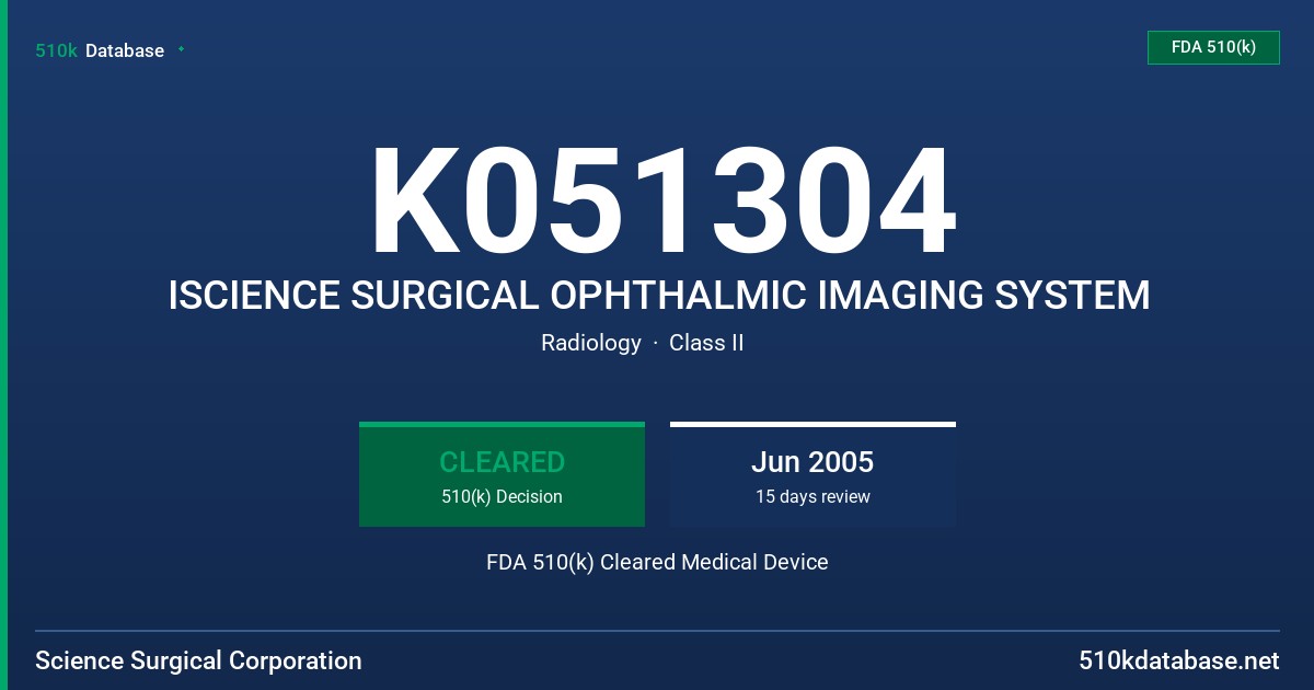 K051304 ISCIENCE SURGICAL OPHTHALMIC IMAGING SYSTEM FDA 510(k) Cleared Medical Device