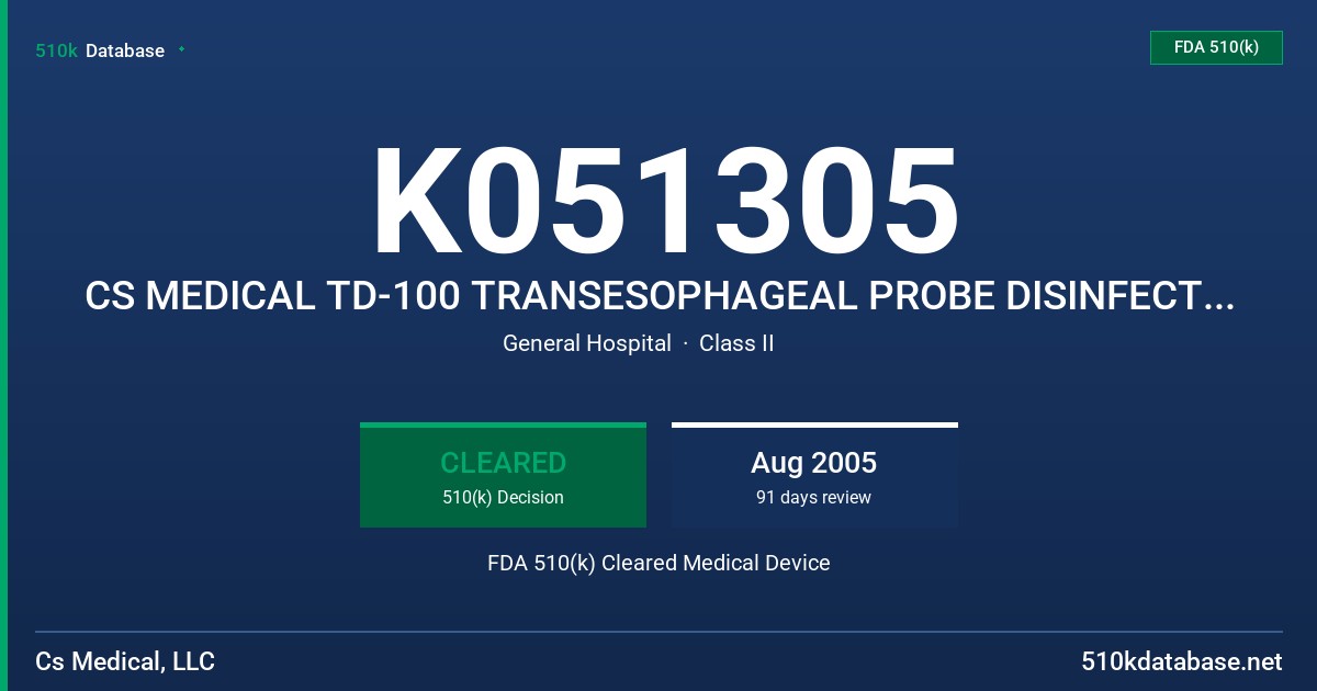 K051305 CS MEDICAL TD-100 TRANSESOPHAGEAL PROBE DISINFECTOR, MODEL TD-100, CS MEDICAL TD-5 HIGH-LEVEL DISINFECTANT, MODEL TD-5 FDA 510(k) Cleared Medical Device