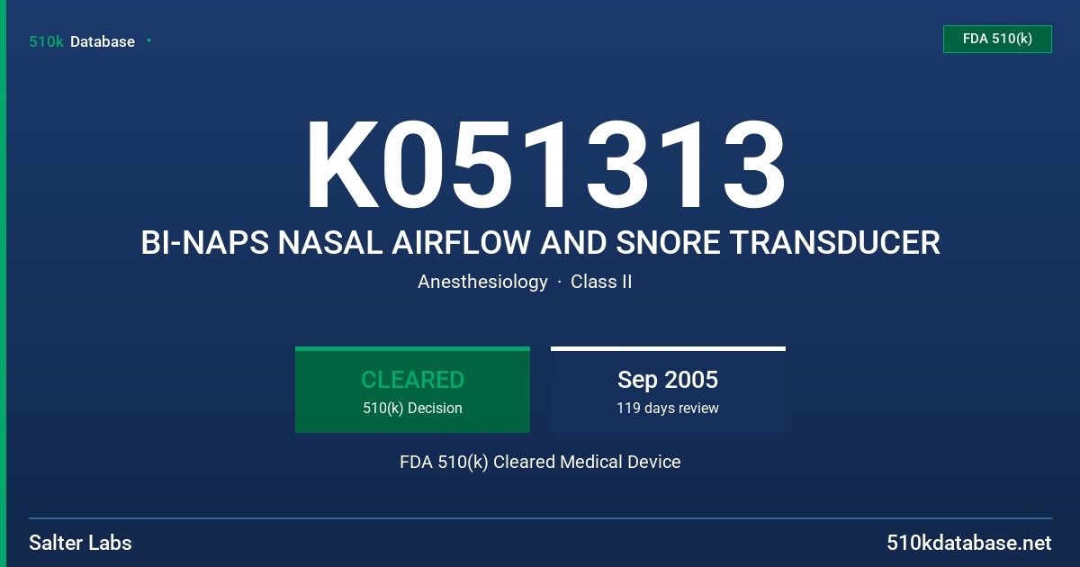 K051313 BI-NAPS NASAL AIRFLOW AND SNORE TRANSDUCER FDA 510(k) Cleared Medical Device